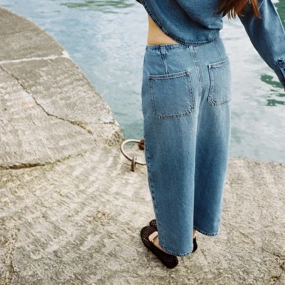 [🌟 PRICE FIRM] ZARA Denim Crossover Midi Skirt Blue Jean Pencil Skirt w/ Slit - Picture 4 of 15